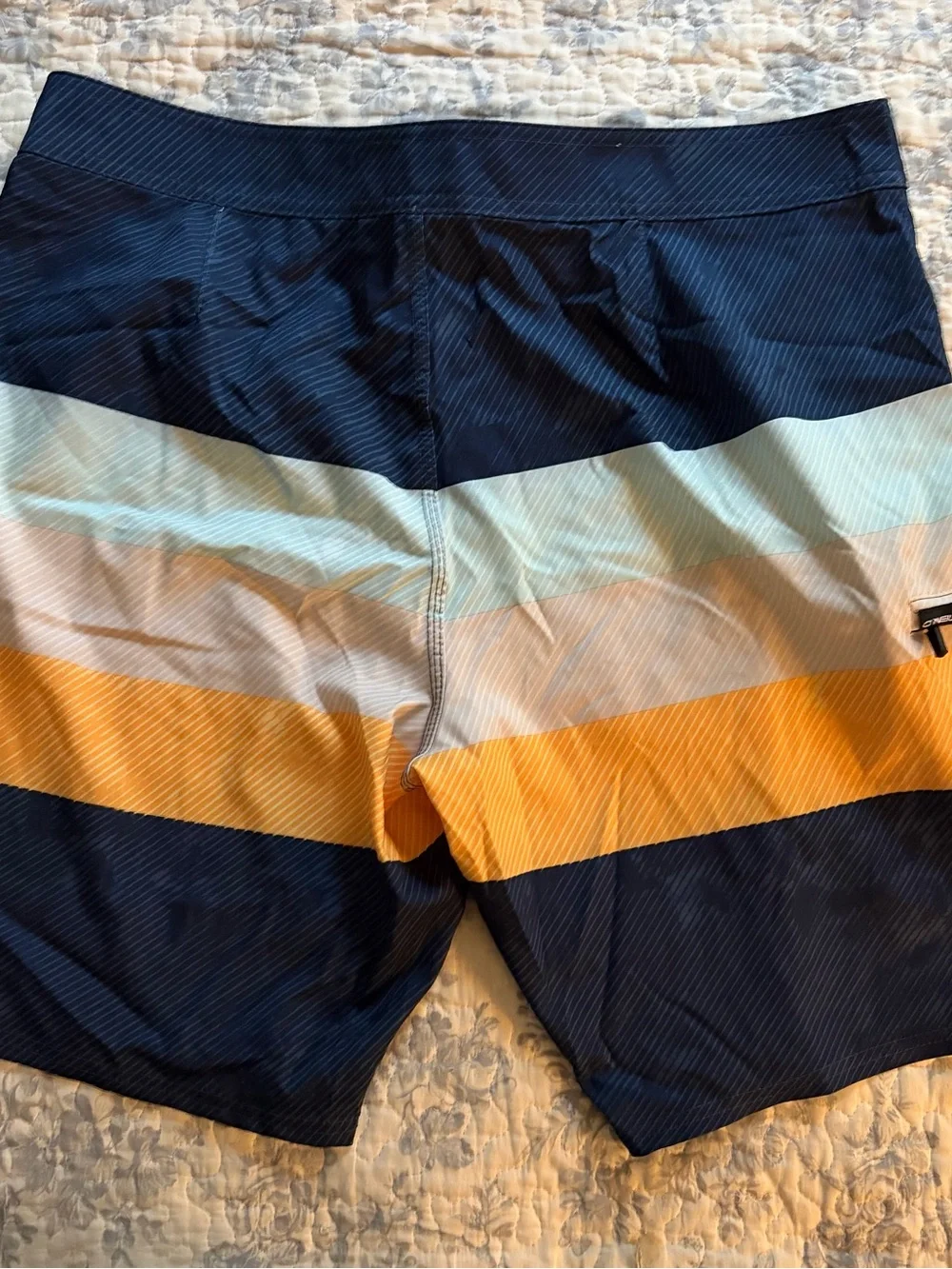 NWT O’Neill Men's 34 Navy, Light Blue, Yellow Striped Swim Boardshorts